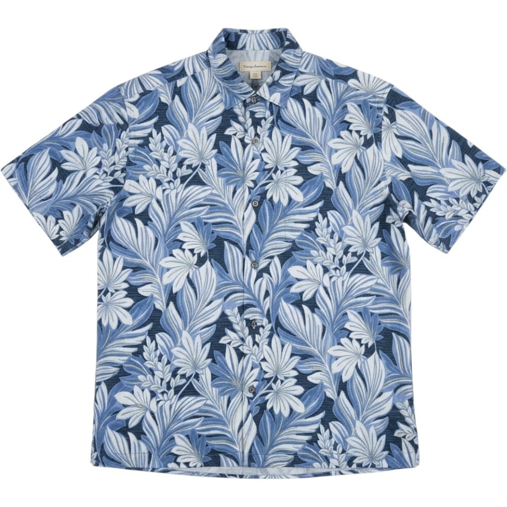 Tommy Bahama Mens Large Silk Cotton Tropical Leaf Button Down Shirt Blue Grey